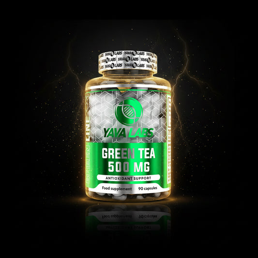Cápsulas de chá verde YAVA Labs Green Tea 500 mg, embalagem com 90 unidades, mostrando as cápsulas e o rótulo do produto