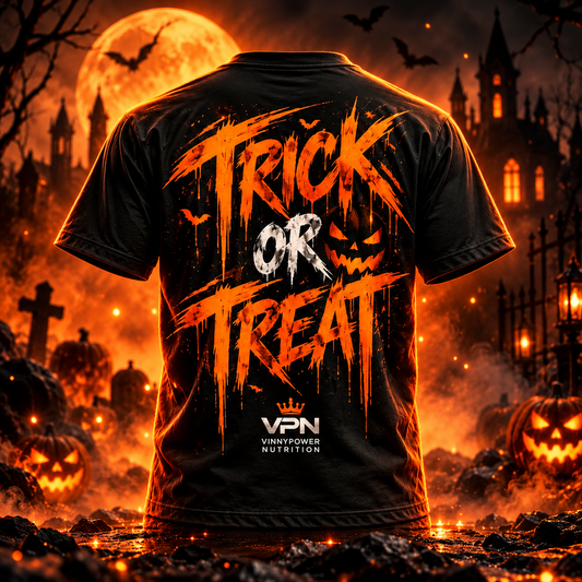 Camisa Halloween Trick or Treat da VinnyPowerNutrition, estampa assustadora de abóbora e fantasmas, para festas de Halloween.