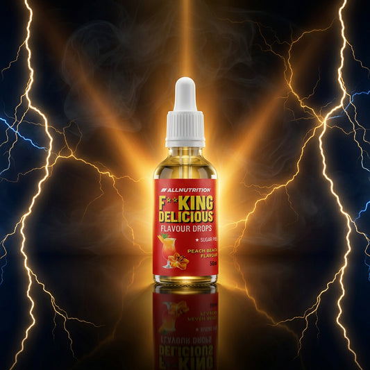Gotas de sabor Fitking Delicious de 50ml da ALLNutrition, frasco com tampo branco e rótulo colorido, para realçar alimentos.