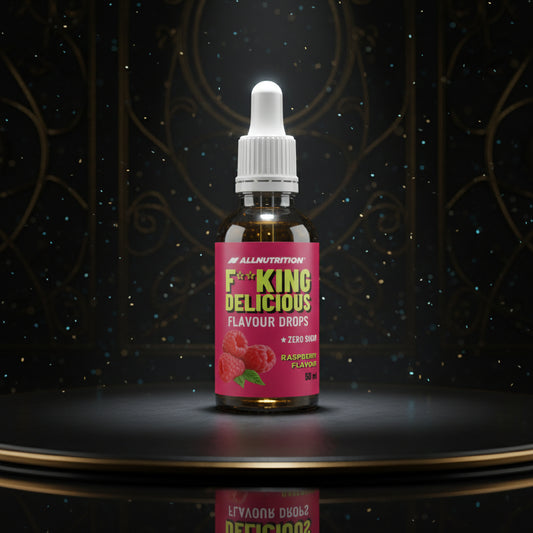 Gotas de sabor Fitking Delicious Flavour Drops 50ml, frasco transparente com gotero, mostrando as gotas aromatizantes.
