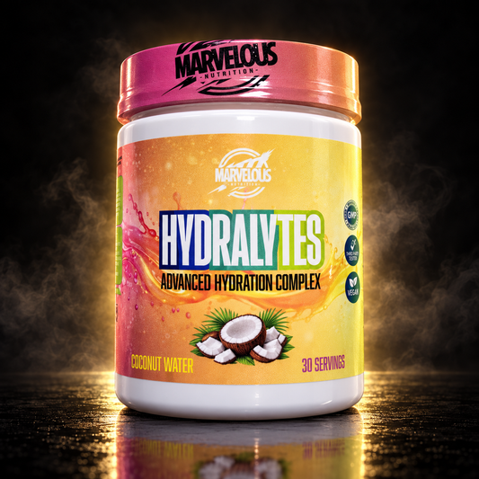 Complexo de hidratação avançada Marvelous Nutrition Hydralytes, embalagem de 150 g com pó para reidratação.