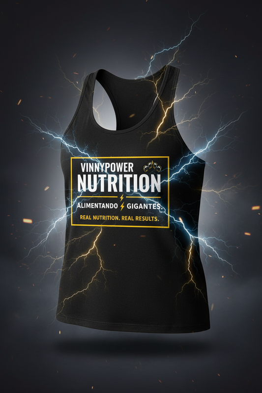 VinnyPowerNutrition Regata VinnyPowerNutrition athletic tank top in black, lightweight fabric, sleeveless design, suitable for workouts