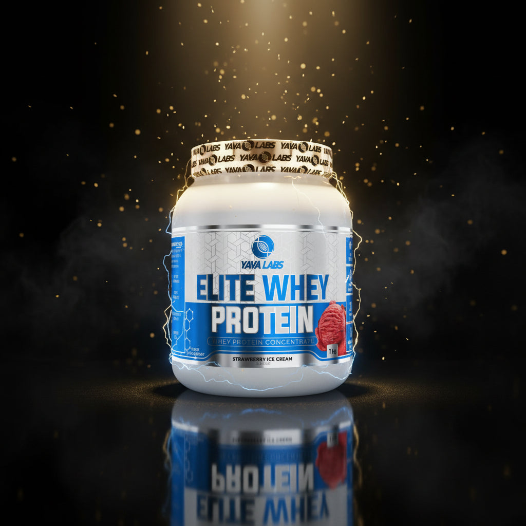 Pote de 1kg de Elite Whey Protein da YAVA Labs, com embalagem de pó de proteína de alta qualidade e sabor neutro.