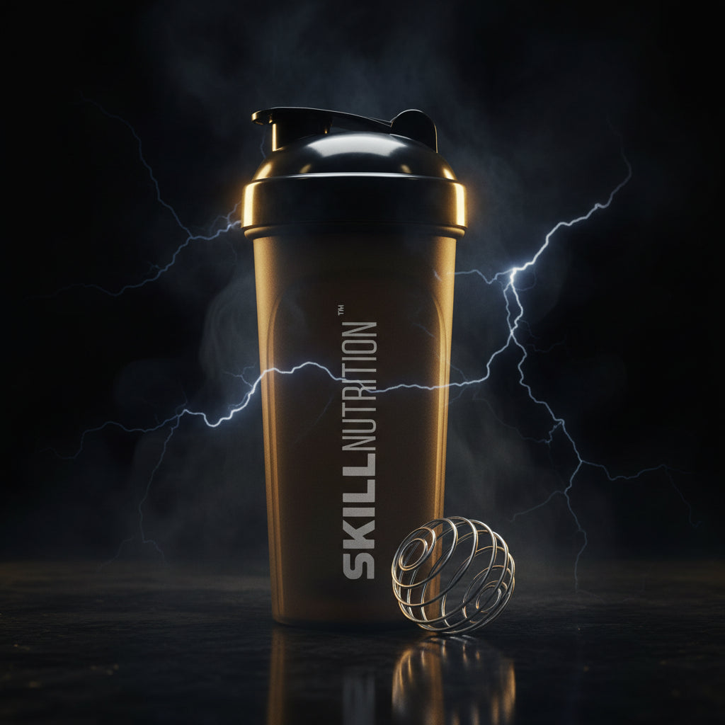 Shaker Skill Nutrition de 700ml na cor preta, recipiente para bebidas esportivas e shakes, com tampa resistente e design funcional