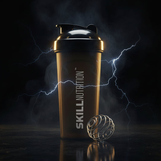 Black Skill Nutrition 700ml shaker bottle, ideal for mixing protein shakes and supplements, with secure screw-top lid.