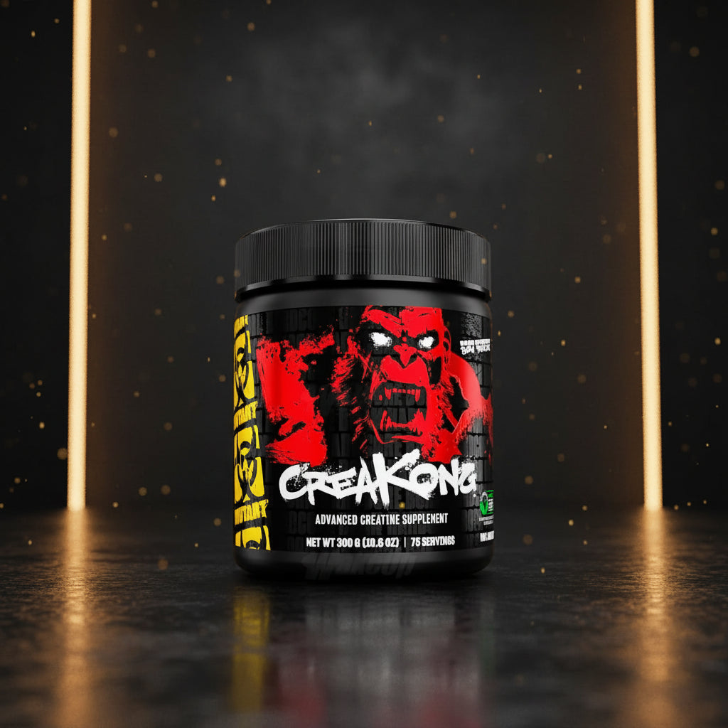 Pote de Creakong Mutant de 300g, suplemento proteico em pó com embalagem preta e dourada, ideal para suplementação esportiva.