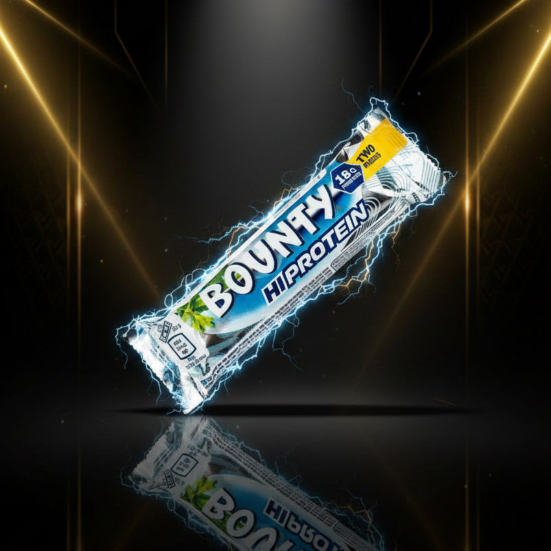 VinnyPowerNutrition Bounty Hi Protein Bar 52g, chocolate and coconut flavor, showing the wrapped protein bar on a plain background.