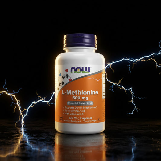 Cápsulas de L-Metionina 500mg da NOW, embalagem com 100 unidades, suplemento de aminoácido essencial para saúde.