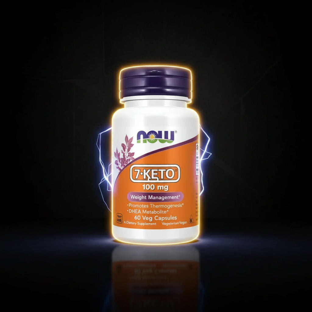 Cápsulas de 7-KETO 100 mg da NOW, frasco com 60 cápsulas, suplemento para suporte metabólico e energia.