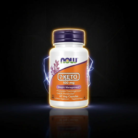 Cápsulas de 7-KETO 100 mg da NOW, frasco com 60 cápsulas, suplemento para suporte metabólico e energia.