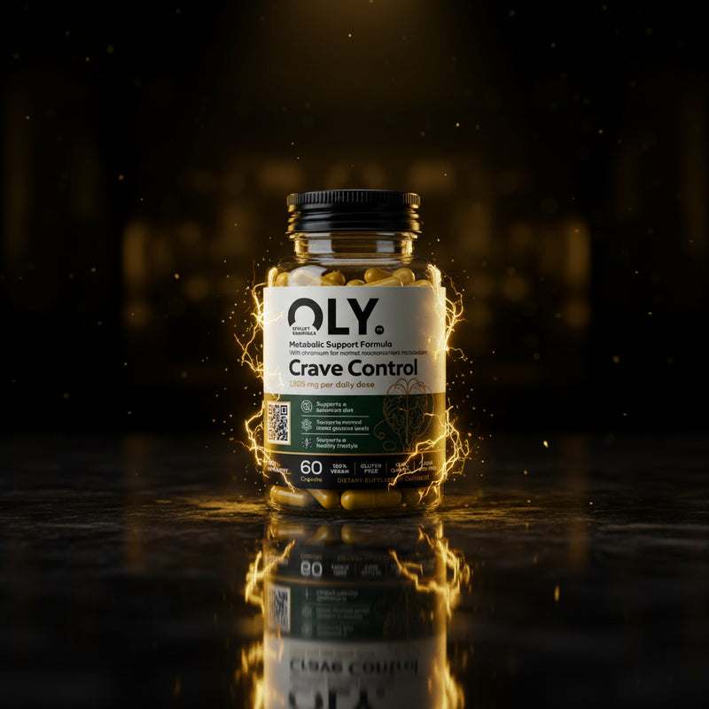 Cápsulas de Oly Crave Control 1205 mg da OLY Vitality Essentials, embalagem com 60 cápsulas, suplemento para controle de desejos.