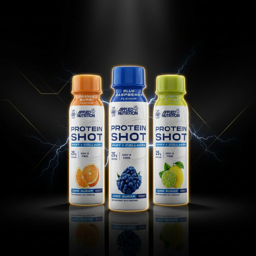 Tampão de 100 ml de Applied Nutrition Protein Shot Whey com colágeno, embalagem de plástico transparente com rótulo.