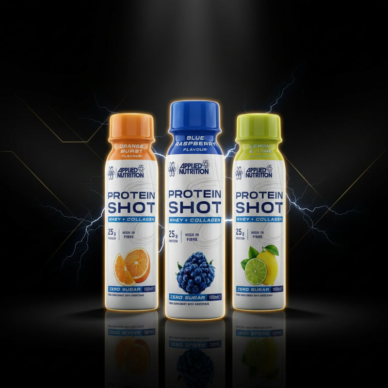 Tampinha de 100ml do shot de proteína Applied Nutrition com whey e colágeno, embalagem colorida e transparente.