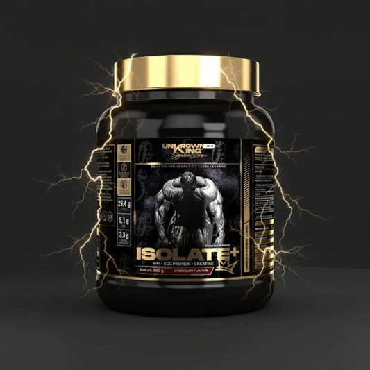 Produto Uncrowned King ISOLATE+ da Kevin Levrone, pote de 900 g de suplemento de proteína isolada, com rótulo visível.