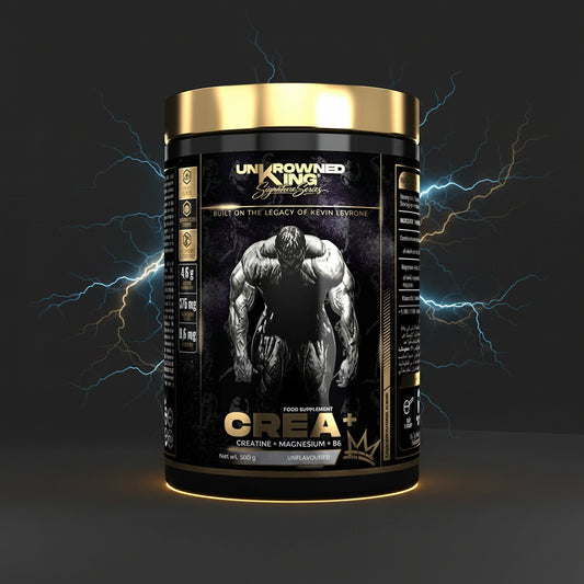 Pote de Uncrowned King CREA+ da Kevin Levrone com 500g, suplemento de creatina para desempenho muscular.