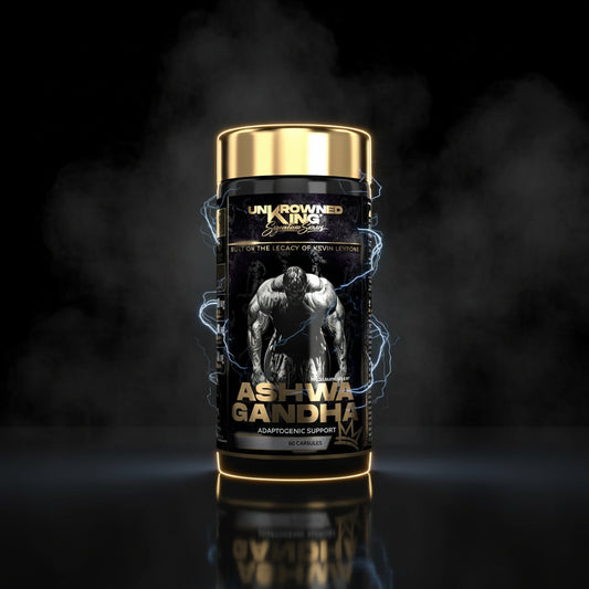 Cápsulas de ashwagandha Kevin Levrone, 60 unidades, embalagem com cápsulas de cor marrom escuro e rótulo preto e dourado
