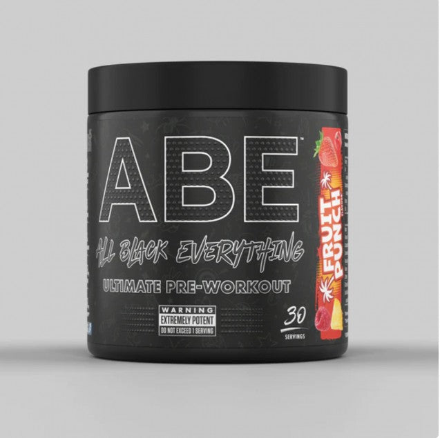 Pote de ABE Ultimate Pre-Workout Applied Nutrition com sabor Fruit Punch, 375g, mostrando o rótulo e o conteúdo em pó.