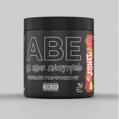 Pote de ABE Ultimate Pre-Workout Applied Nutrition com sabor Fruit Punch, 375g, mostrando o rótulo e o conteúdo em pó.