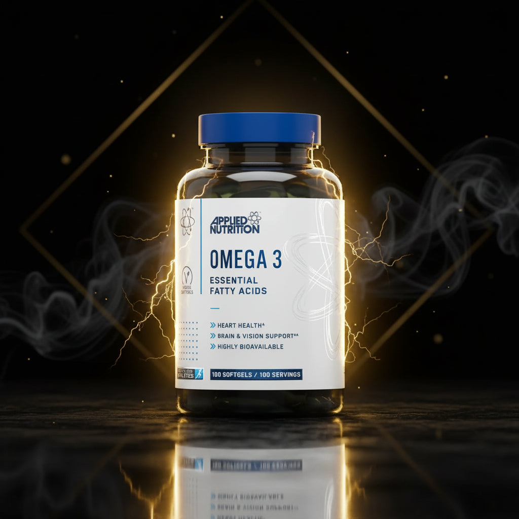 Suplemento de Ômega 3 da Applied Nutrition com 100 softgels, cápsulas de óleo de peixe para saúde cardiovascular e cerebral.