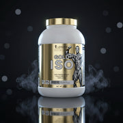 Pote de 2 kg de proteína isolada Kevin Levrone Gold ISO, com rótulo azul e dourado, mostrando o produto em destaque