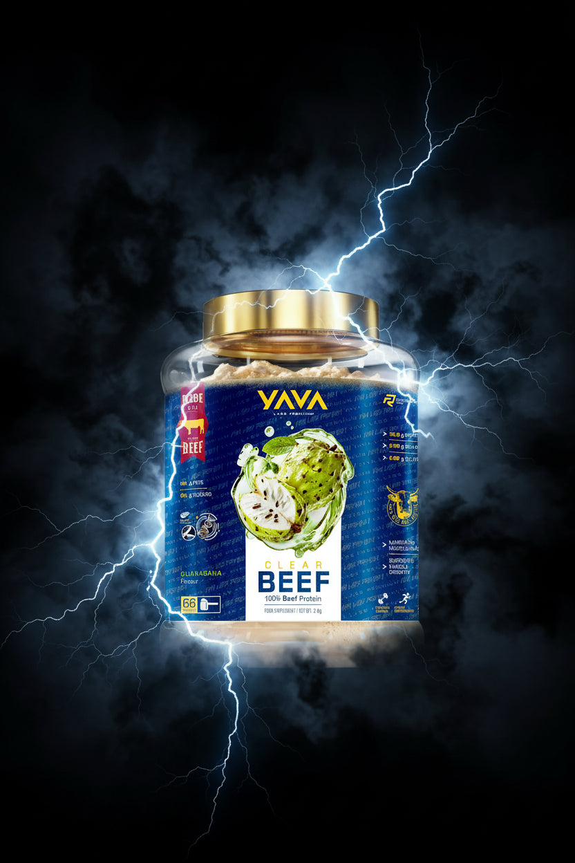 Proteína de carne bovina premium Yava Labs, embalagem de 2 kg, com sabor de guanaba, visível na imagem.