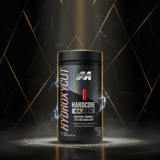 Bottle of MuscleTech Hydroxycut Hardcore Super Elite dietary supplement capsules, featuring 100 caps in sleek packaging.