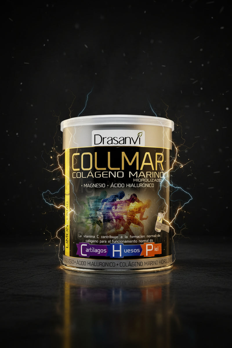 Frasco de Collagen Marine Collmar com Magnésio, 300g, mostrando o rótulo do produto com colágeno e ingredientes na embalagem