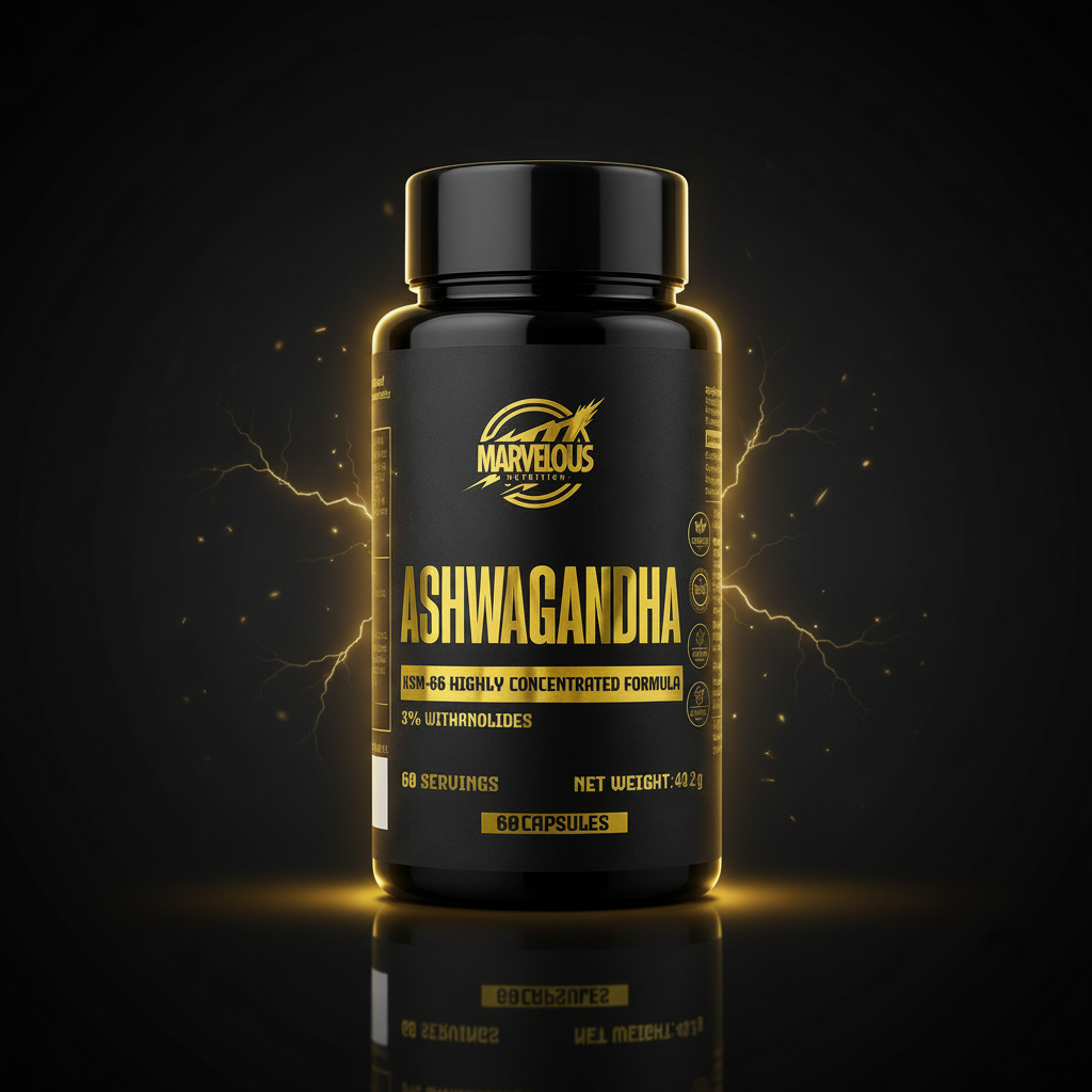 Marvellous Nutrition Ashwagandha KSM-66® supplement bottle with label showing herbal extract capsules and health benefits.