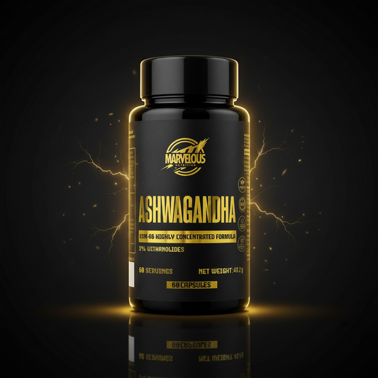 Marvellous Nutrition Ashwagandha KSM-66® supplement bottle with label showing herbal extract capsules and health benefits.