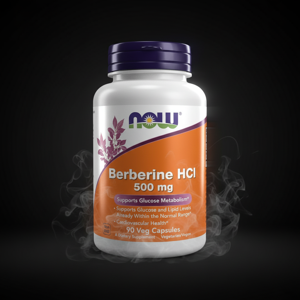 Cápsulas vegetais de Berberina HCI 500 mg da NOW, embalagem com 90 cápsulas, em frasco de vidro com rótulo azul.