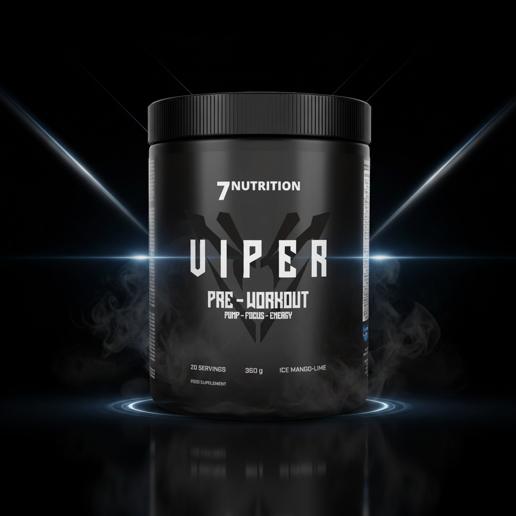 Pote de suplemento Viper Pre-workout 360g da marca 7 Nutrition com rótulo colorido e tampo preto.