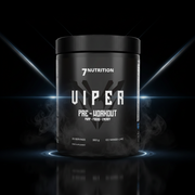 Pote de suplemento Viper Pre-workout 360g da marca 7 Nutrition com rótulo colorido e tampo preto.