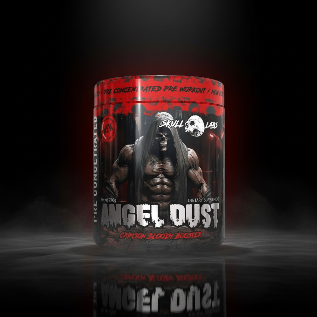 Pote de suplemento Skull Labs Angel Dust V2.0, pré-treino hardcore de 270g, com embalagem branca e detalhes em preto e vermelho