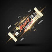 Barra de proteína Mars White com baixo teor de açúcar, embalagem de 57g, destaque para sabor e textura cremosa