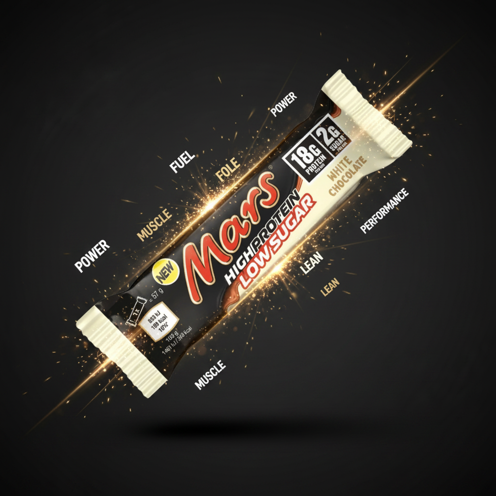 Barra de proteína Mars White de 57g com baixo teor de açúcar, destaque para embalagem e textura cremosa.