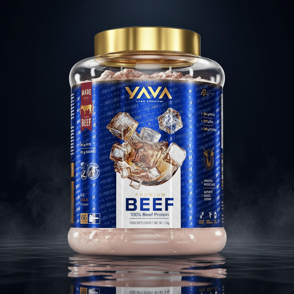 Proteína bovina premium YAVA Labs 2 kg em embalagem preta e vermelha