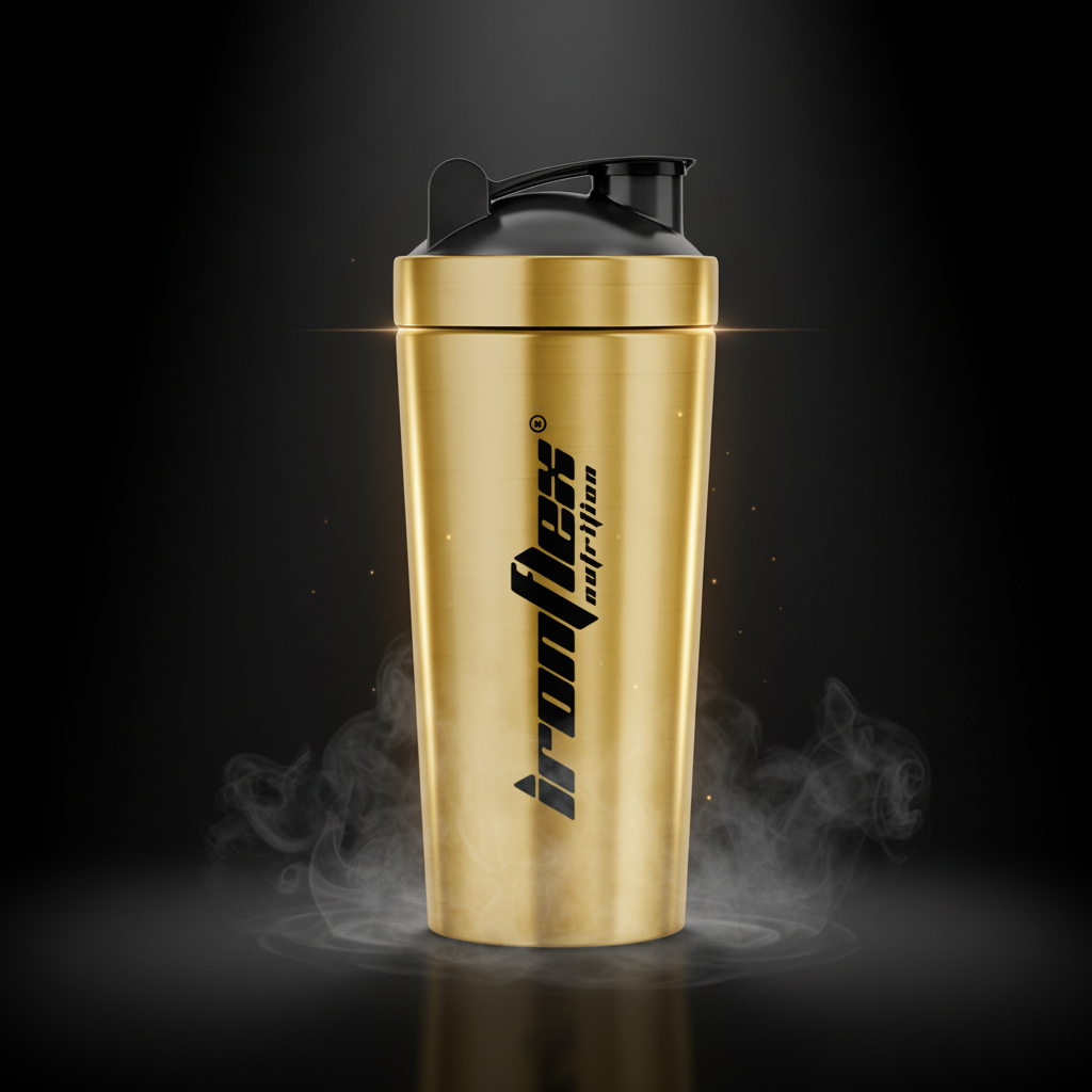 Shaker de aço IronFlex Steel Shaker de 750ml na cor dourada, fabricado pela ShieldMixer, para preparo de bebidas fitness.
