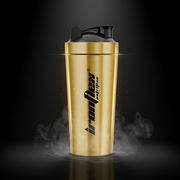 Shaker de aço IronFlex Steel Shaker de 750ml na cor dourada, fabricado pela ShieldMixer, para preparo de bebidas fitness.