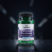 Cápsulas de Chromium Picolinato Swanson, suplemento de 200mcg, embalagem com 100 cápsulas de cor branca e rótulo azul.