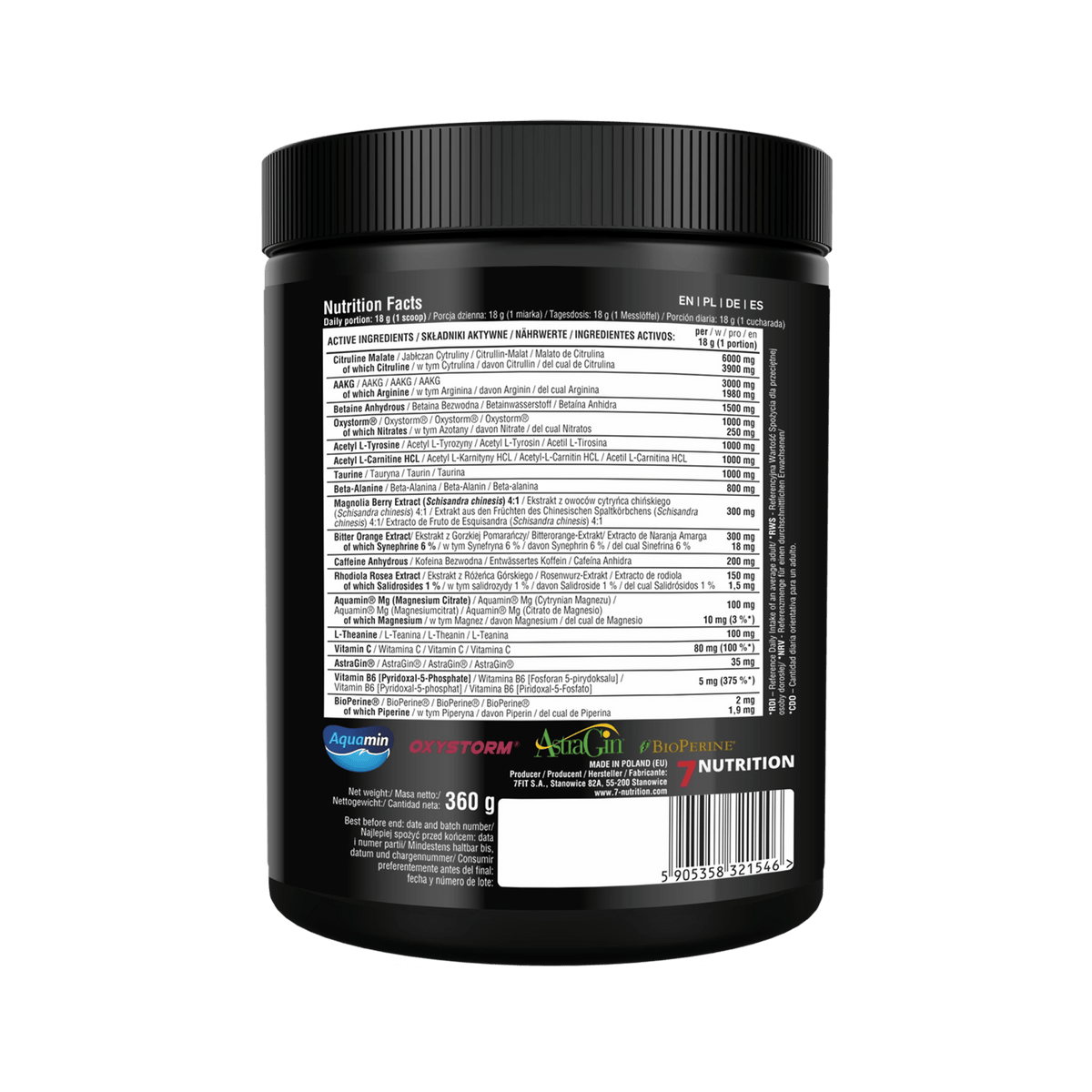 Pote de pré-treino Viper Pre-workout 360g da 7 Nutrition com colher medidora ao lado, em fundo branco.
