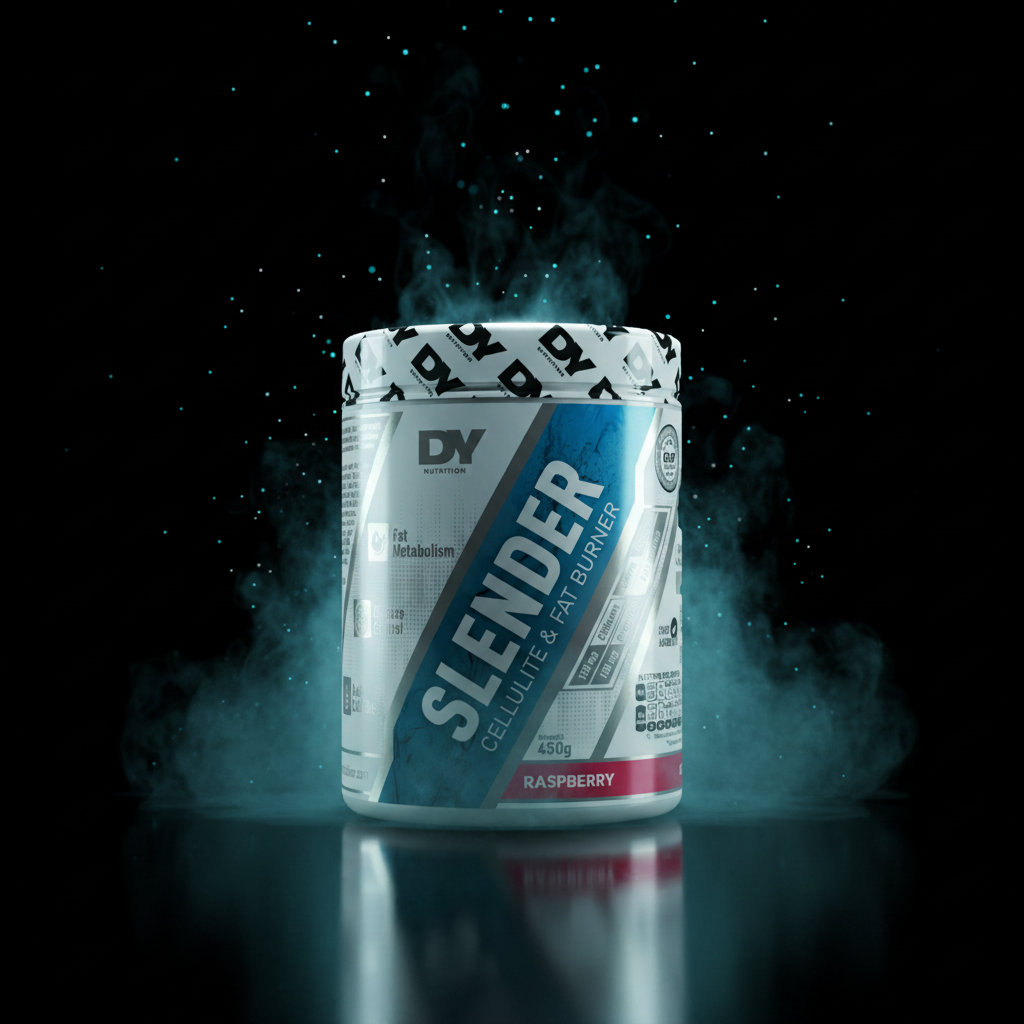 Suplemento Dorian Yates Slender Cellulite & Fat Burner em pote de 450g, com cápsulas e rótulo visível.