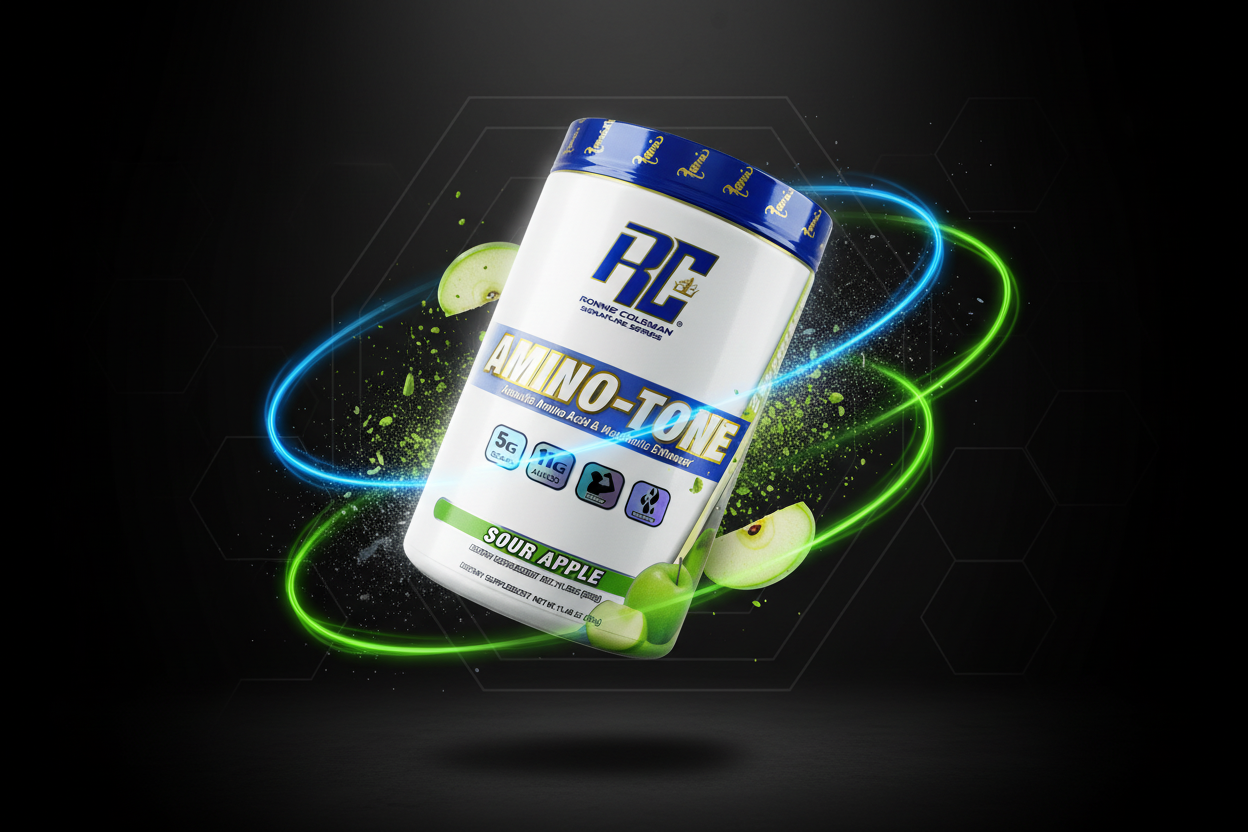 Aminoácidos RCSS Amino-Tone da Ronnie Coleman em pote com 30 doses, suplemento para recuperação muscular e energia.