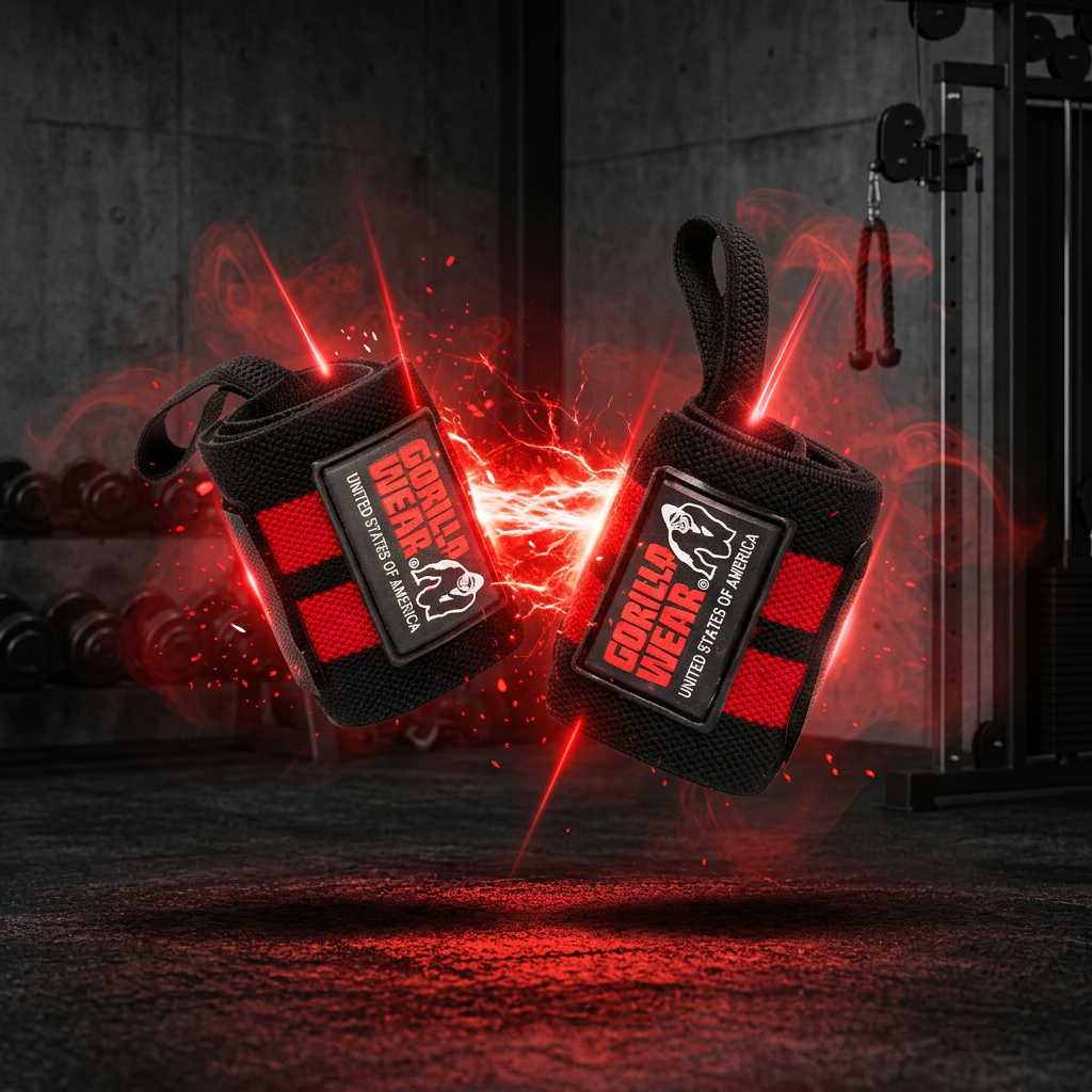Faixas de punho Gorilla Wear Wrist Wraps PRO para suporte durante treinos de musculação e levantamento de peso.