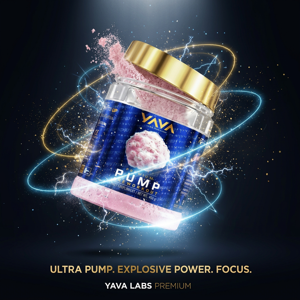 Pote de 400g de PREMIUM PUMP PRÉ-TREINO da YAVA Labs, suplemento energético em embalagem de vidro com rótulo preto e branco