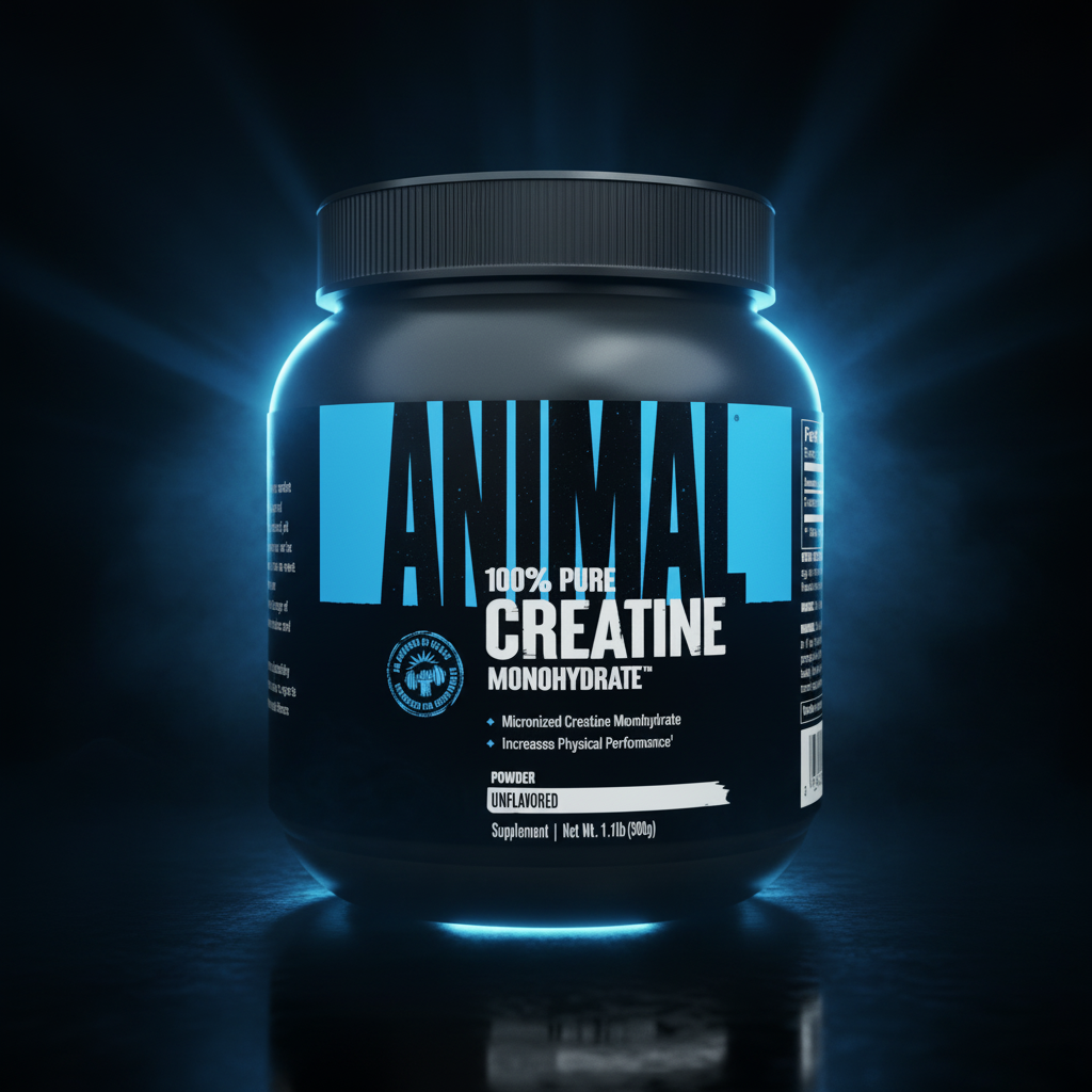 Creatina pura Animal da Universal em pote de 500g, suplemento de alta qualidade para musculação e treino intenso.
