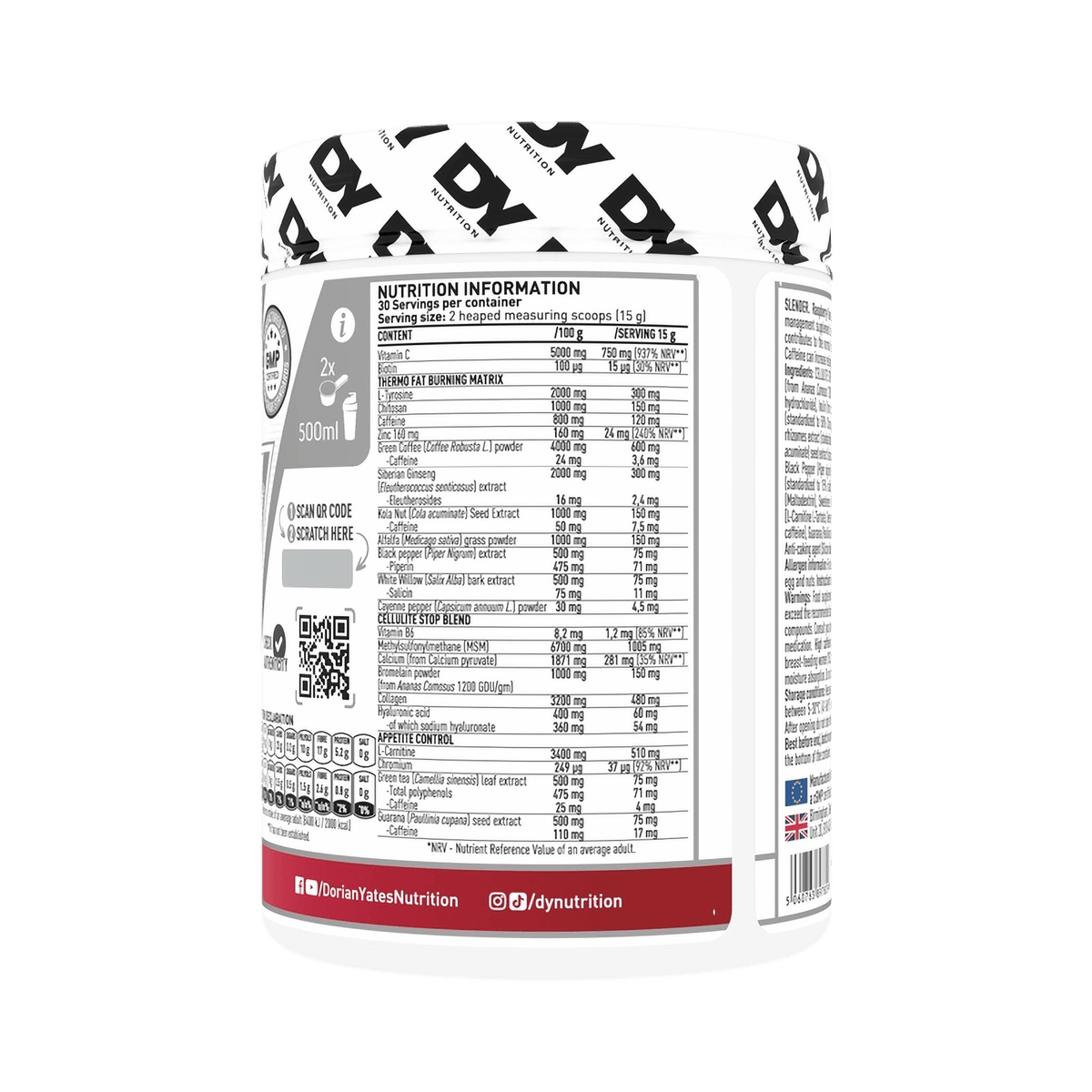 Pote de 450g do queimador de gordura e celulite Slender Cellulite & Fat Burner da marca Dorian Yates, com rótulo e embalagem visíveis