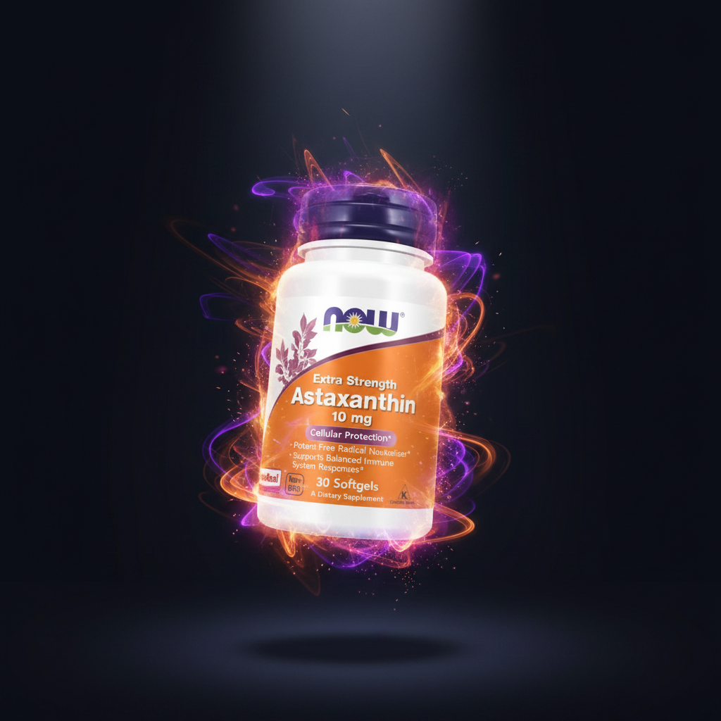 Suplemento de Astaxantina Extra Strength 10mg da NOW, frasco com 30 softgels, destaque para as cápsulas vermelhas.