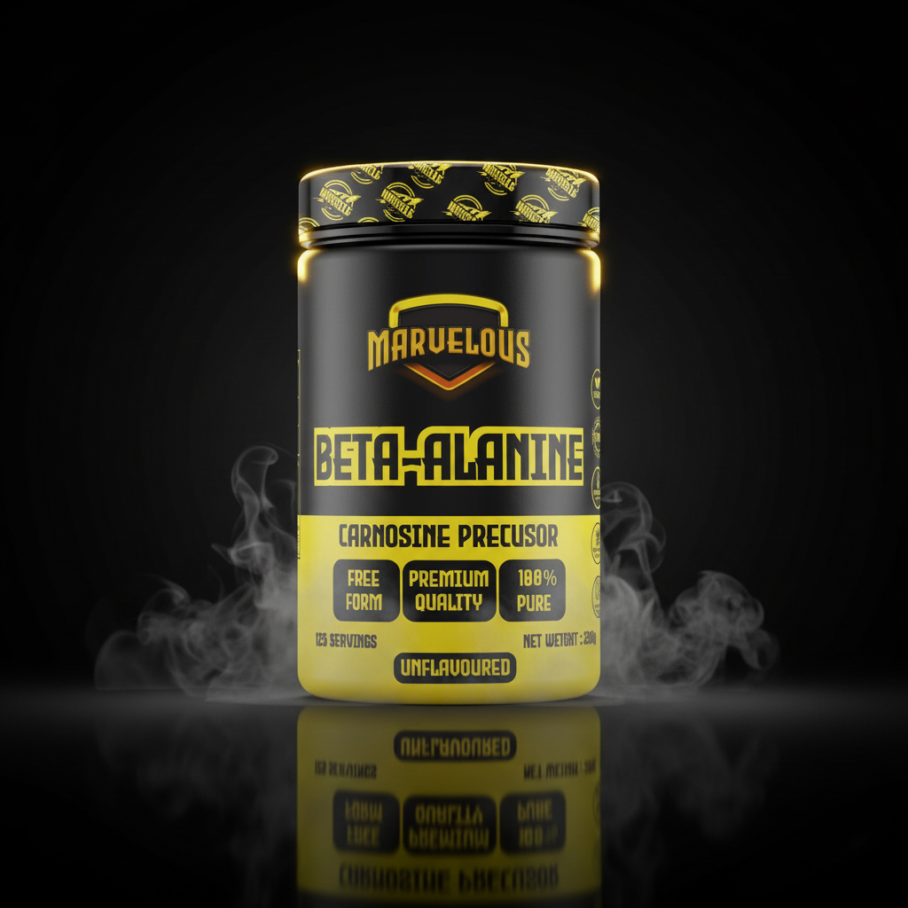Suplemento Beta-Alanine Marvellous em pó, embalagem branca com rótulo azul, mostrando o produto pronto para uso.