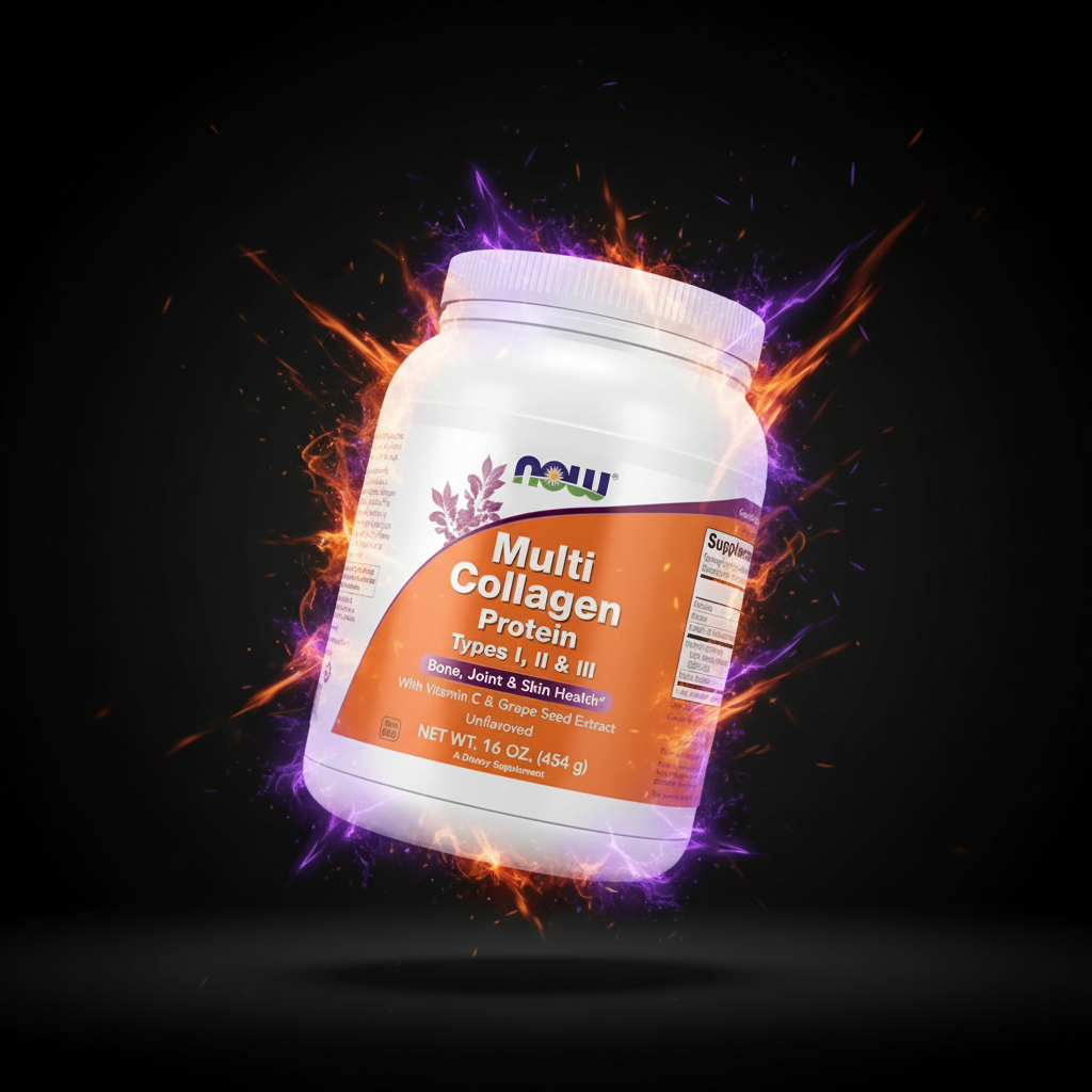 Pote de 454g de proteína de colágeno múltiplo NOW com tipos I, II e III, mostrando o rótulo do produto em embalagem branca.
