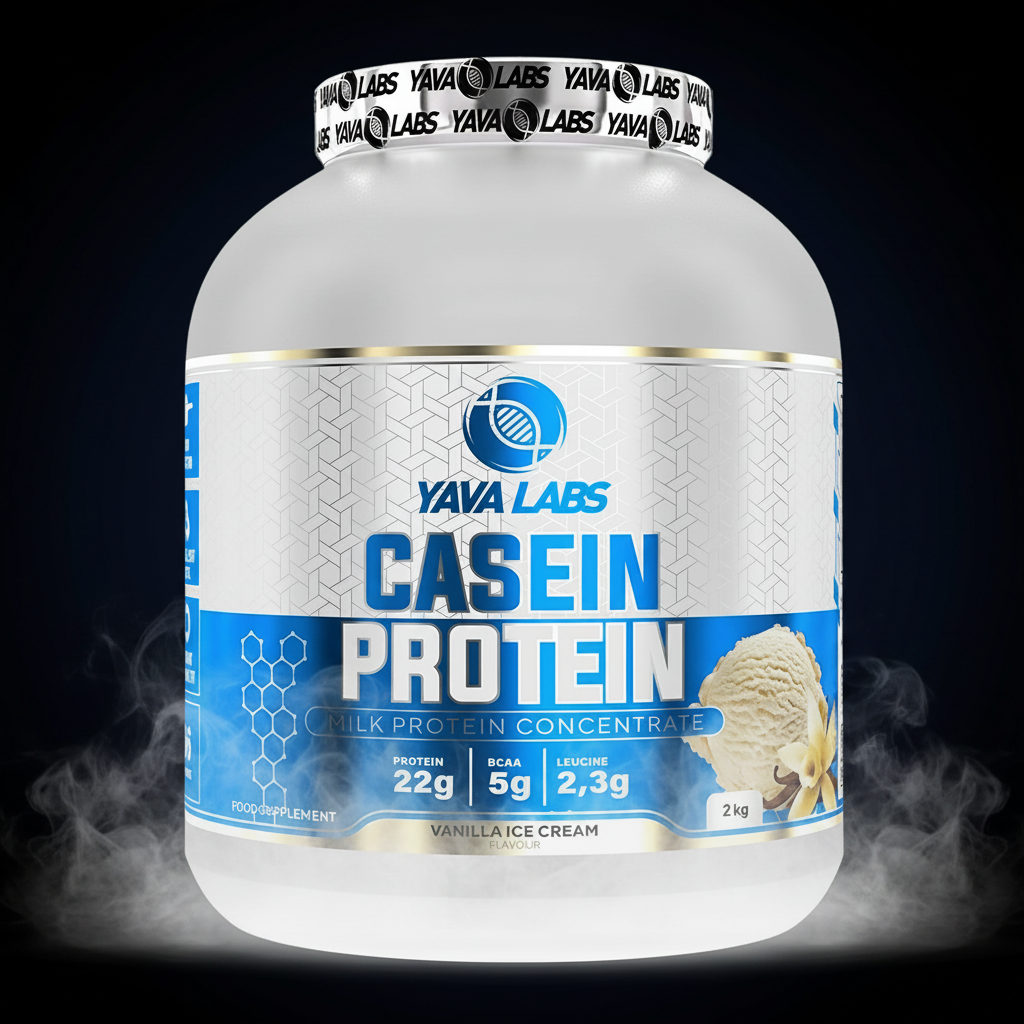 Saco de 2kg de proteína de caseína da YAVA Labs, com embalagem branca e detalhes azuis, mostrando o produto na frente